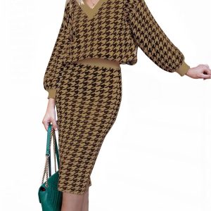 Women 2 Piece Sweater Midi Pencil Skirt Set Fall Winter Split Dress Batwing Long Sleeve Oversized Top Casual Outfit