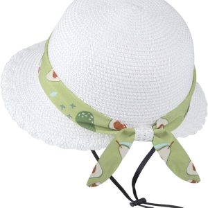 Girls Straw Sun Hat with Chin Strap and Two Cute Brooches Summer Beach UV Protection