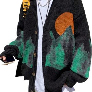 Men Vintage Print Cardigan Long Sleeve Button Down Knitted Unisex Streetwear Sweaters