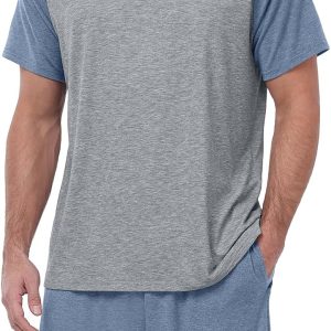 Mens Pajama Set Summer Pjs Sleepwear Lightweight Short Sleeve Pjs Soft Comfy Sleep Set With Pocket