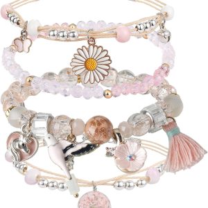 4PCS Beaded Charm Bracelets for Teen Girls Dainty cute cartoon Crystal Bea Pearl Bracelets anklets set for woman and girls Adjustable Stretch bracelet birthday Gift For Frien