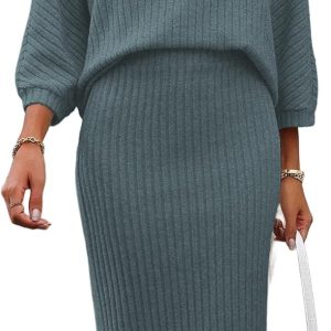 Women's 2 Piece Sweater Skirt Sets Ribbed Knit Loose Lantern Sleeve Top Midi Skirt Outfit Casual Loungewear Sets