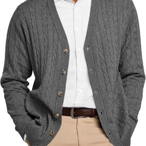 Mens Cable Knit Cardigan Sweater V Neck Casual Button Down Sweaters Long Sleeve Fall Outwear with Pockets