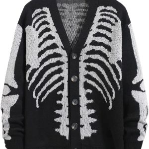 Men Skeleton Pattern Cardigan Sweaters Long Sleeve Unisex Outwear Knitted Coats