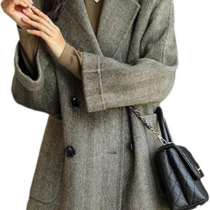 Women Wool Coat Peacoat Jacket Thick Loose Double Breasted Pea Coat Woolen Winter Overcoat