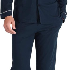 Mens Pajamas Set Soft Cotton Notched Collar Pajamas for Men Long Sleeve Mens Sleepwear with Pockets & Front Fly
