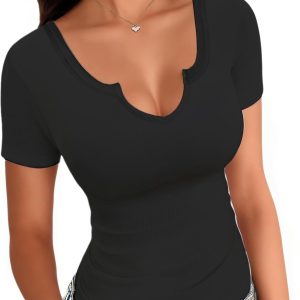 Women's Tops V Neck Shirts Short Sleeve Tshirt Fitted Basic Tees Summer Tunic Ribbed Sexy Clothes Casual Cute