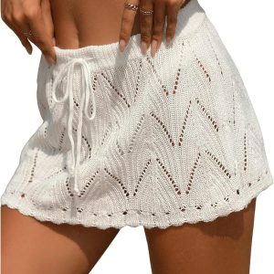Women Crochet Beach Mini Skirt Swim Bikini Cover Up Skirt Knit Swimsuit Bathing Suit Coverup
