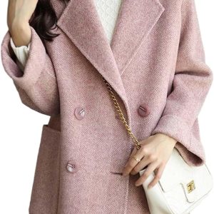 Women Wool Coat Peacoat Jacket Thick Loose Double Breasted Pea Coat Woolen Winter Overcoat