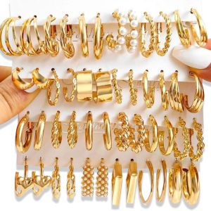 16-24 Pairs Gold Silver Black Earring Set for Women, Chunky Earring Multipack Punk Trendy Big Small Stud Hoop Earring Lightweight Twisted Pearl Ear Pack For Daily Birthday Party Gift
