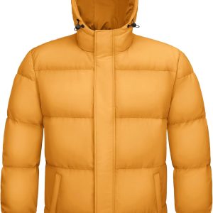 Mens Hooded Down Jacket Water Resistant Puffer Jacket Full Zip Up Windproof Winter Jacket with Zip Pockets