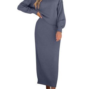 2 Piece Skirt Set for Women Sweater Dress Long Sleeve Oversized Tops Matching Maxi Skirts 2025 Fall Outfits Clothes