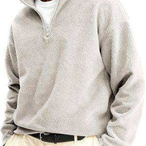 Quarter Zip Pullover Men Mock Neck Sweatshirt Fuzzy Sweater Sherpa Thermal Casual Long Sleeve Winter Fall Outwear