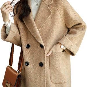 Women Wool Coat Peacoat Jacket Thick Loose Double Breasted Pea Coat Woolen Winter Overcoat