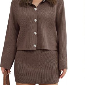 Womens 2 Piece Sweater Skirt Sets Long Sleeve Collared Button Cardigan Knit Mini Skirt Two Piece Fall Outfits