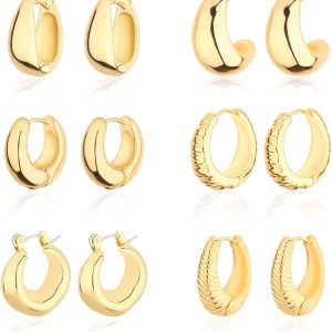Wgoud Chunky Hoop Earrings Set 14K Gold Plated Hoop Earrings for Women Hypoallergenic, Thick Twisted Huggie Hoops Earring Set