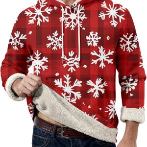 Men's Christmas Fleece-Lined Hoodie Sherpa Christmas Print Warm Hooded Sweatshirts with Pocket