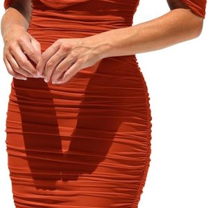 Women's Summer Off The Shoulder Ruched Bodycon Dresses Sleeveless Fitted Party Club Midi
