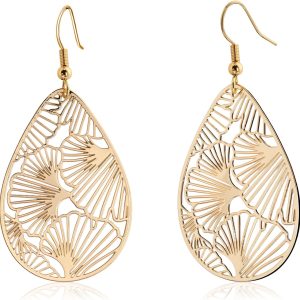 14K Gold Plated Silver Teardrop Filigree Dangle Earrings Lightweight Ginkgo Leaf Drop Earrings for Thanksgiving Christmas Gift
