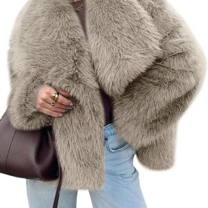 Womens Winter Faux Fur Jackets Fleece Long Sleeve Cropped Shaggy Coats Open Front Warm Outerwear