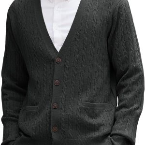 Men Cardigan Sweater Wool Blend Cable Knit V Neck Buttons Cardigan with Pockets