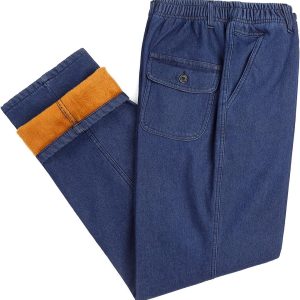 Fleece Lined Jeans Mens Elastic Waist Thicken Warm Loose Denim Pants