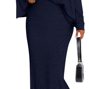 Women's Fall 2025 Two Piece Matching Skirt Sets Long Sleeve Tops Maxi Long Slit Bodycon Skirts Vacation Outfits