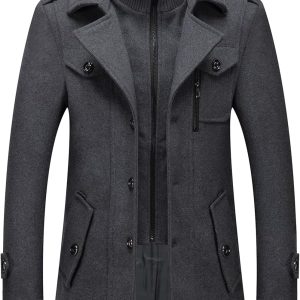 Men's Wool Blend Coat Warm Winter Trench Coat with Detachable Soft Scarf Single Breasted Pea Coat