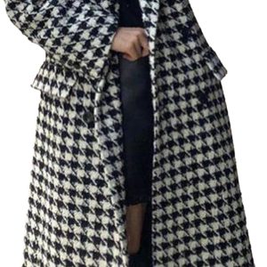 Women's Winter Houndstooth Double Breasted Trench Coat Notch Lapel Wool Blend Warm Quilted Lined Long Overcoat