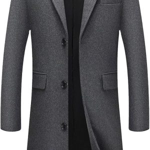 Mens Wool Blend Long Trench Coat Notch Lapel Single Breasted Overcoat with Pockets