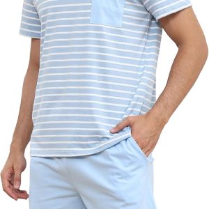 Men Pajama Set Cotton Pajamas Striped Short Sleeve & Shorts Pjs Sets Sleepwear Summer Lounge Set with Pockets