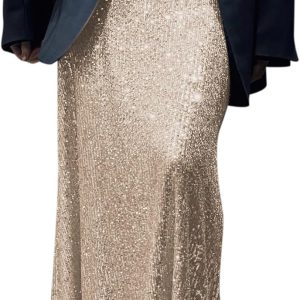 Women's Shiny Sparkly Sequin Maxi Skirt Sexy Glitter High Waist Stretchy Long Skirts Night Out Bodycon Party Clubwear
