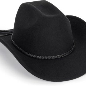 Classic-Western-Cowboy-Hat Upturn-Brim Felt-Cowgirl-Hat Rodeo-Hat with Belt for Women Men (Fit for 22.4-23.2")