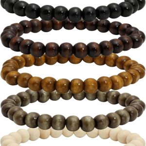 5 Pcs Wooden Beaded Bracelet Bangle for Men and Women Elastic