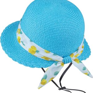 Girls Straw Sun Hat with Chin Strap and Two Cute Brooches Summer Beach UV Protection