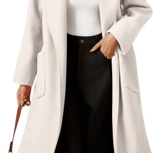 Womens Open Front Pea Coats Classic Lapel Long Trench Coats Loose Fall Winter Outwear with Pockets