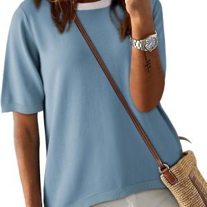 Womens Tops Casual Summer Crewneck Short Sleeve Striped Color Block Knit High Low Trendy Pullover Sweaters