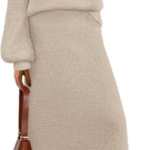 Women's 2025 Fall Fuzzy 2 Piece Outfit Winter Long Sleeve Off Shoulder Pullover Top Midi Skirt Matching Lounge Sets