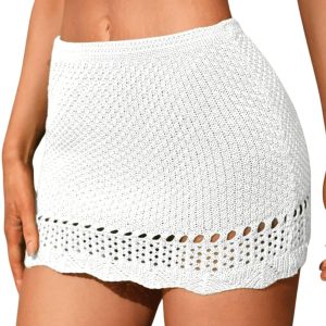 Women's Crochet Beach Mini Skirt Knit Scallop Hem Cut Out Bikini Swimsuit Cover Up Skirts