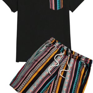 Men 2 Piece Tracksuit Sets Short Sleeve Tee Top and Striped Shorts Sets