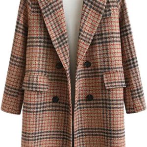 Women's Winter Oversize Lapel Collar Woolen Plaid Double Breasted Long Peacoat Jacket