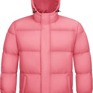 Mens Hooded Down Jacket Water Resistant Puffer Jacket Full Zip Up Windproof Winter Jacket with Zip Pockets