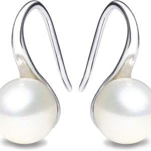 925 Sterling Silver Hoop Handpicked AAA+ Quality 7.5-8mm White Freshwater Cultured Pearl Dangle Drop Earrings Jewelry for Women