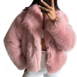 Women's Faux Fur Coat Fluffy Faux Fur Jacket Long Sleeve Lapel Furry Winter Jackets Shaggy Parka Short Coat
