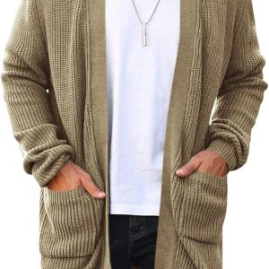 Mens Cardigan Sweater Casual Cable Knit V Neck Open Front Ribbed Long Winter Sweaters