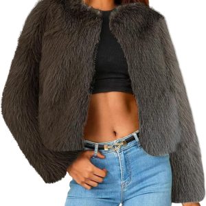 Faux Fur Jacket Women Long Sleeve Open Front Cropped Cardigan Warm Winter Shaggy Fluffy Short Fur Coat