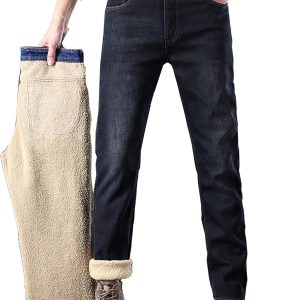 Mens Fleece Lined Jeans Straight Leg Stretch Winter Warm Denim Pants