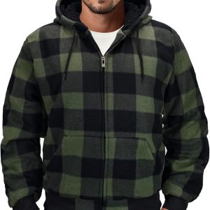 Men's Zip Up Fashion Hoodies Fleece Jacket Sherpa Lined Winter Warm Sweatshirt Plaid Flannel Hooded Coat
