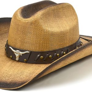 Cowboy Hat for Women and Men - Straw Cattleman Crease Western Hats with Upgrade 4 inches Shapeable Wide Brim
