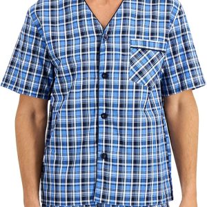Mens Pajamas Set, 2 Piece Summer PJs With Short Sleeve Button Down Shirt and Shorts, Soft Cotton Blend